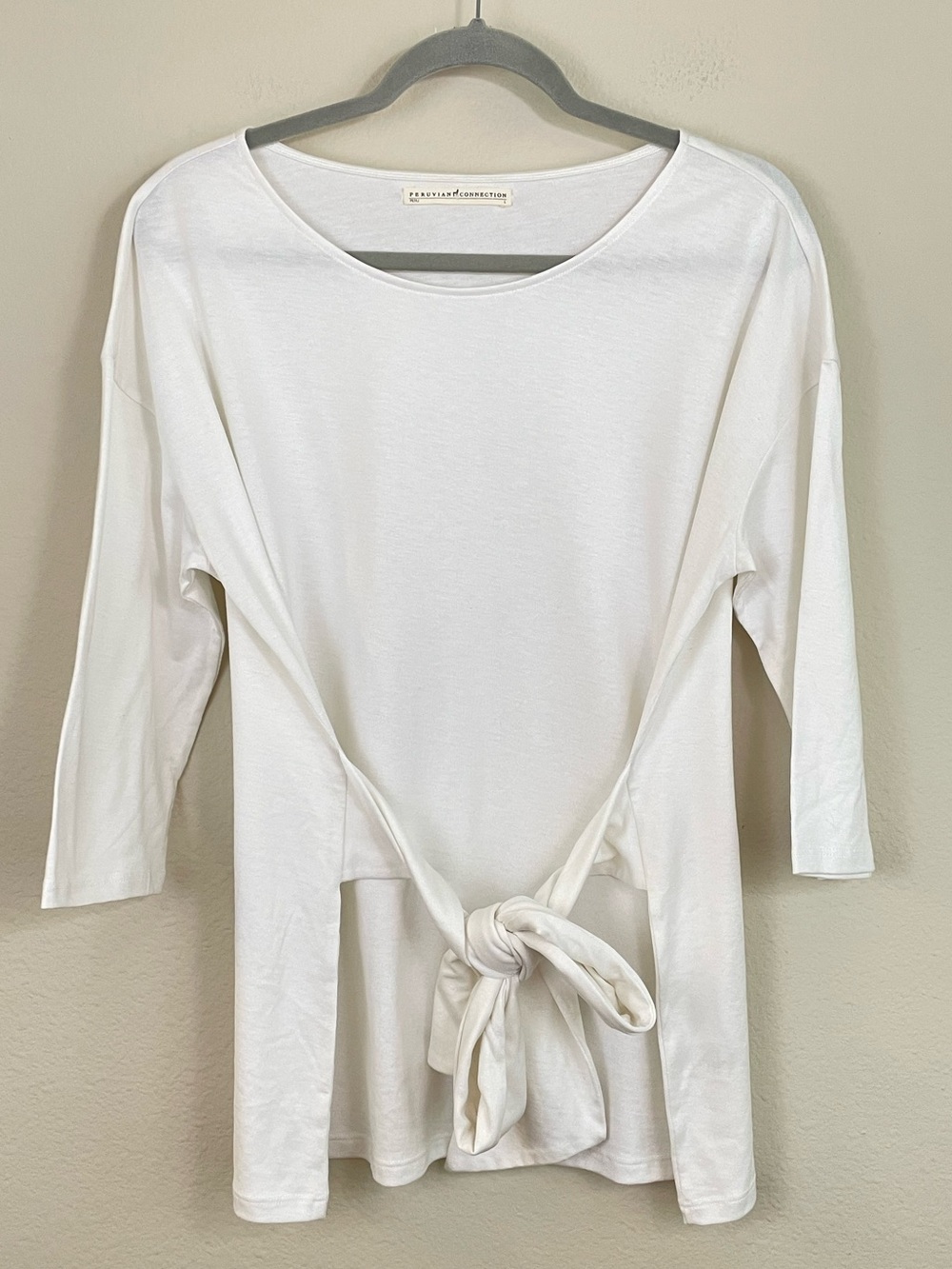 Peruvian Connection Pima Cotton White Tie-Front 3/4 Sleeves Top Size Large